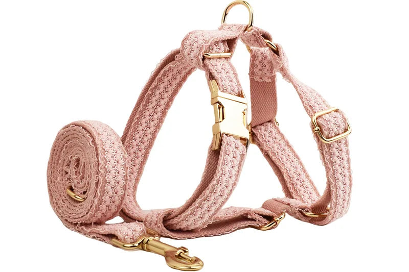 Personalized Dog Collar Custom Engraved Lace Dog Harness Name Collar for Small Medium Dogs Harness with Leash Lead Collar Flower