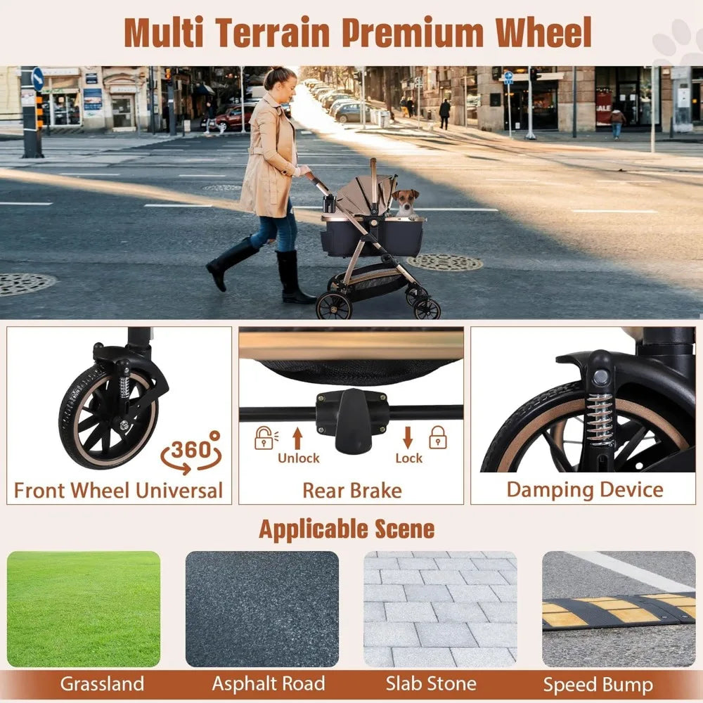 3 in 1 Multifunction Pet Stroller for Small Medium Dogs Cats, No-Zip Dog Stroller with Detachable Carrier & Cup Holder, One-Hand