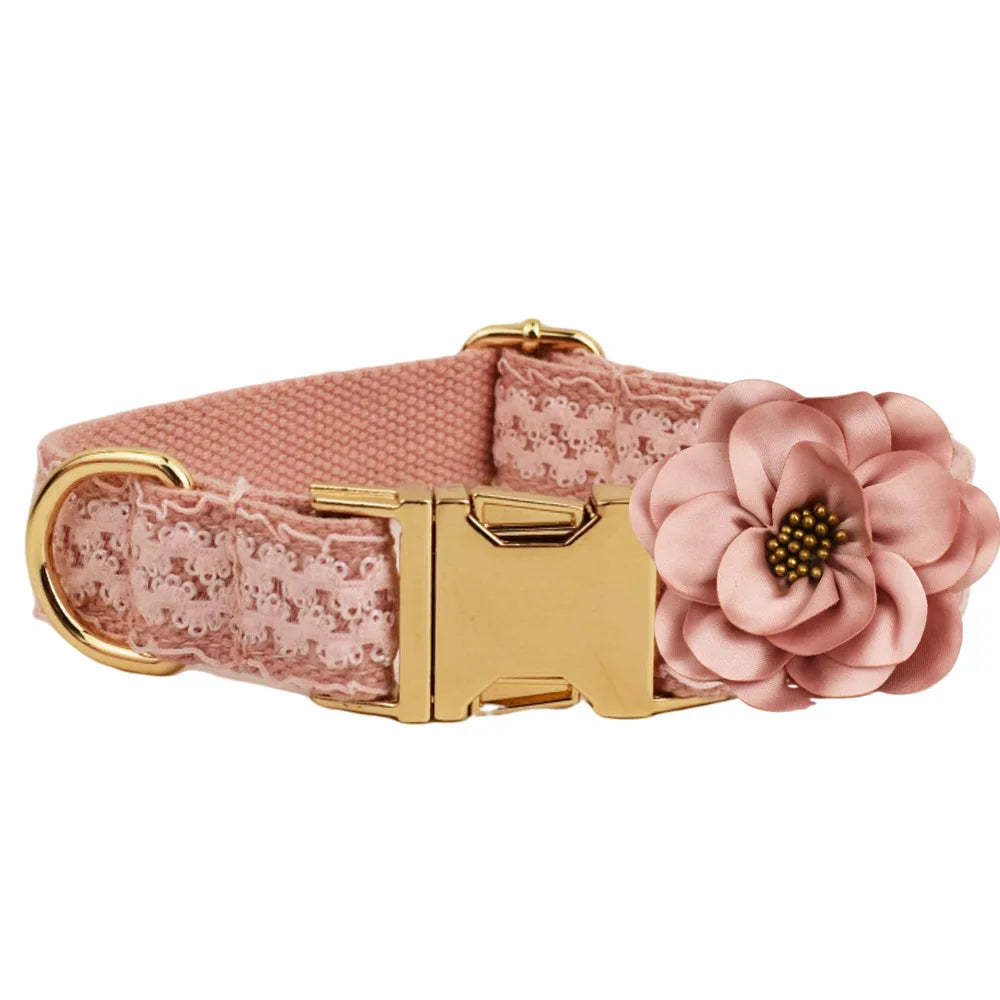 Personalized Dog Collar Custom Engraved Lace Dog Harness Name Collar for Small Medium Dogs Harness with Leash Lead Collar Flower