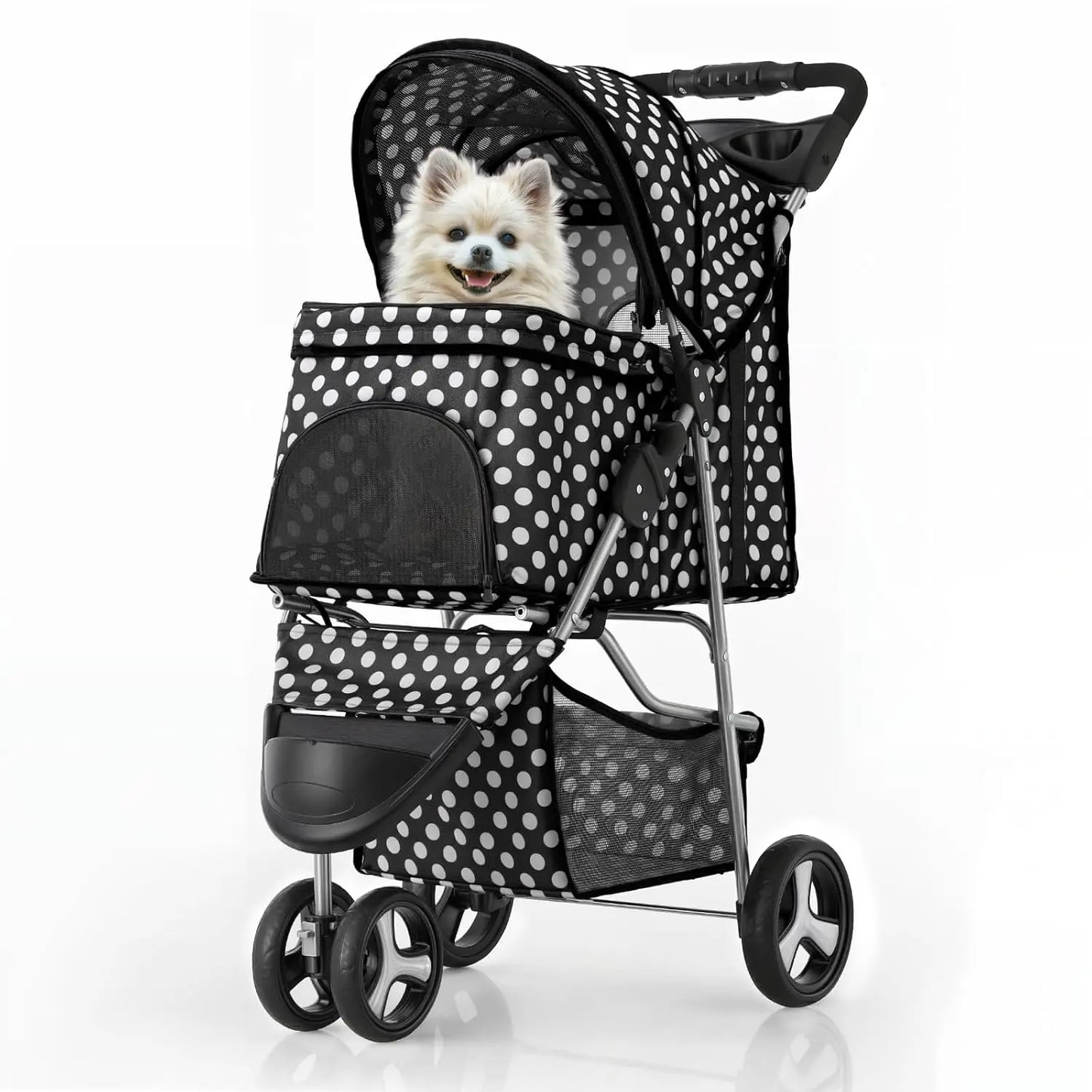 3 Wheels Pet Dog Cat Stroller for Small Medium Dogs Cats, Lightweight Foldable Jogger Stroller w/Storage Basket & Cup Holder,