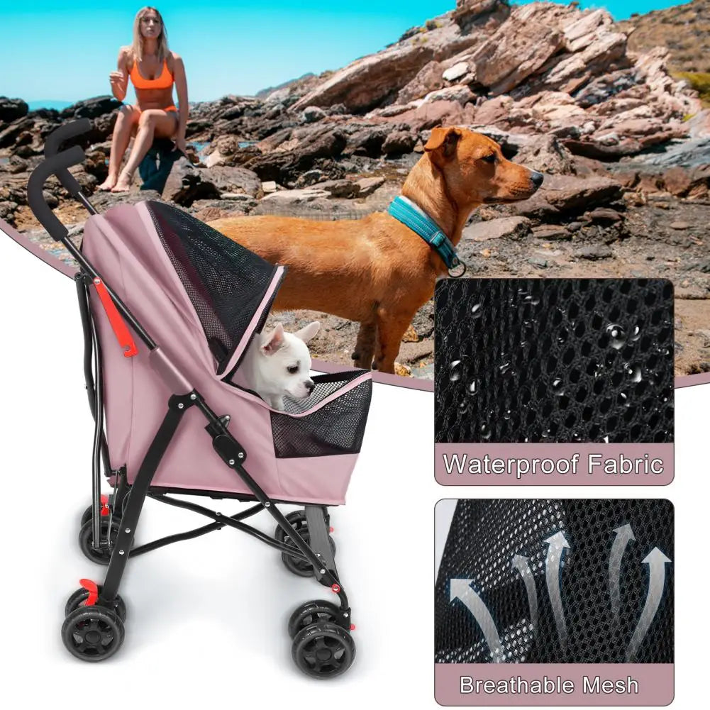 4 Wheels Pet Stroller, Pet Stroller for Medium Small Dogs, Foldable Puppy Cage Jogger Stroller with Sun Cover, Pad and Rear Stor