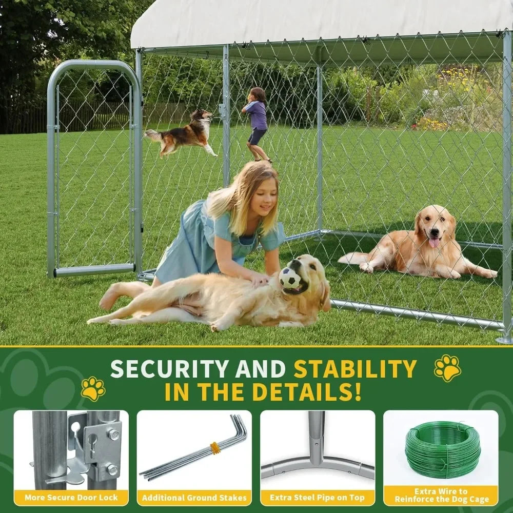 Outdoor Large Dog Kennel 6.6 x 6.6 FT, Heavy Duty Dog Enclosure with UV & Rain-Proof Fully Covered Roof, Double Security Locks