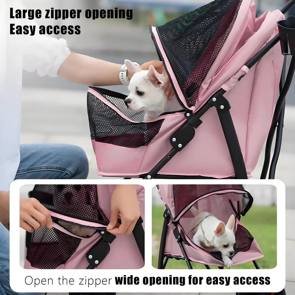 4 Wheels Pet Stroller, Pet Stroller for Medium Small Dogs, Foldable Puppy Cage Jogger Stroller with Sun Cover, Pad and Rear Stor
