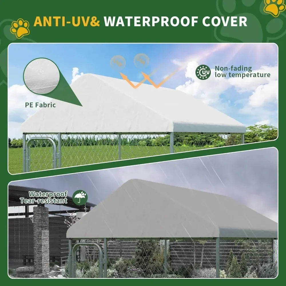 Outdoor Large Dog Kennel 6.6 x 6.6 FT, Heavy Duty Dog Enclosure with UV & Rain-Proof Fully Covered Roof, Double Security Locks