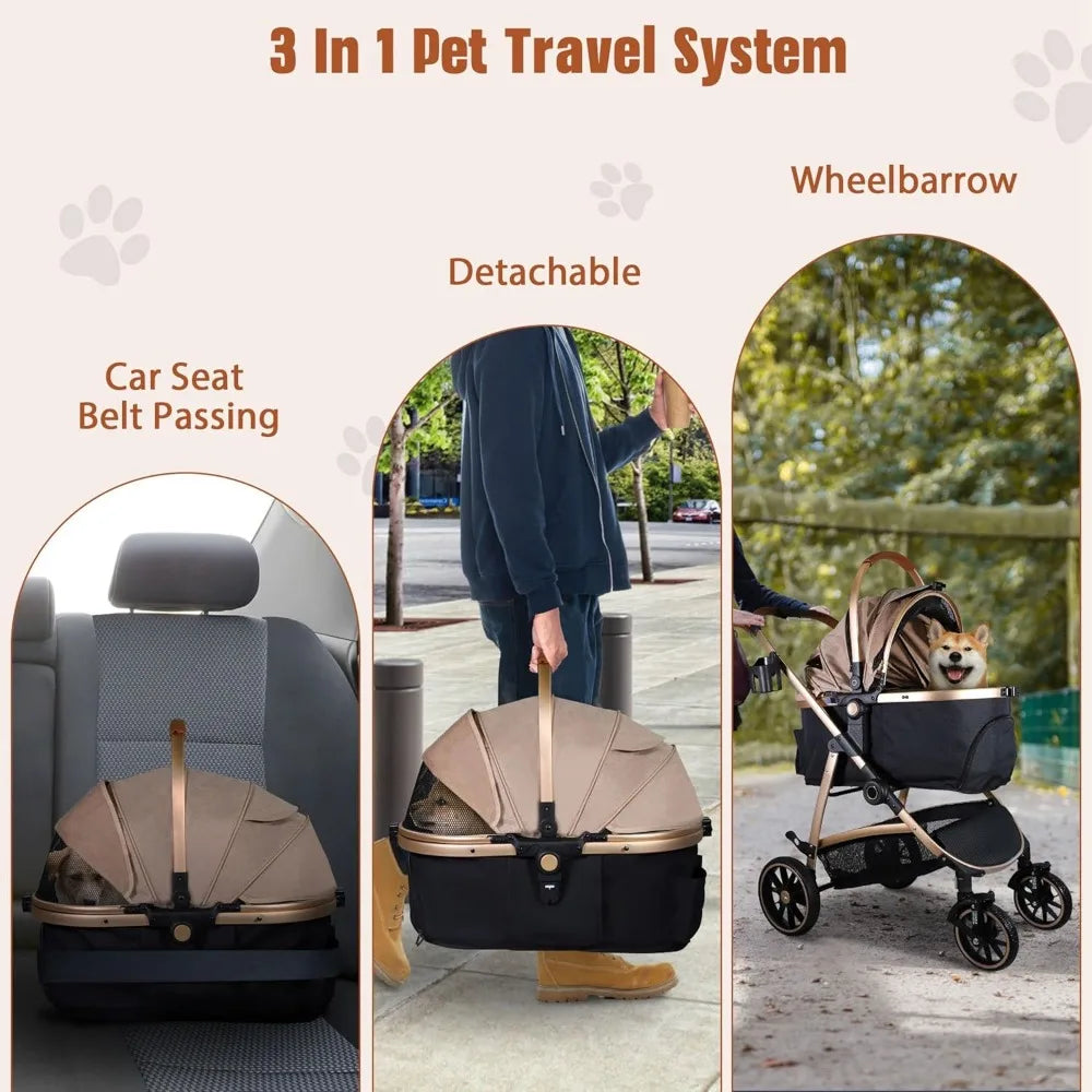 3 in 1 Multifunction Pet Stroller for Small Medium Dogs Cats, No-Zip Dog Stroller with Detachable Carrier & Cup Holder, One-Hand