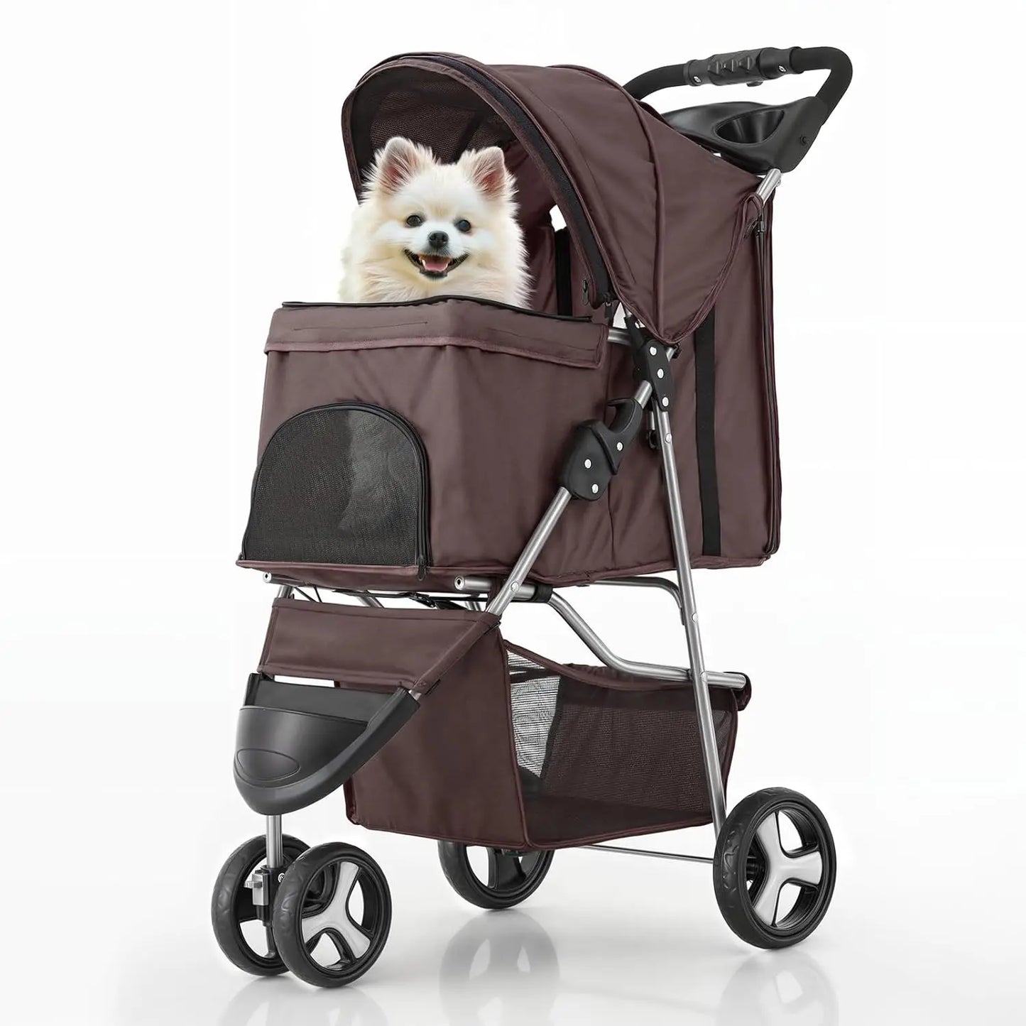 3 Wheels Pet Dog Cat Stroller for Small Medium Dogs Cats, Lightweight Foldable Jogger Stroller w/Storage Basket & Cup Holder,