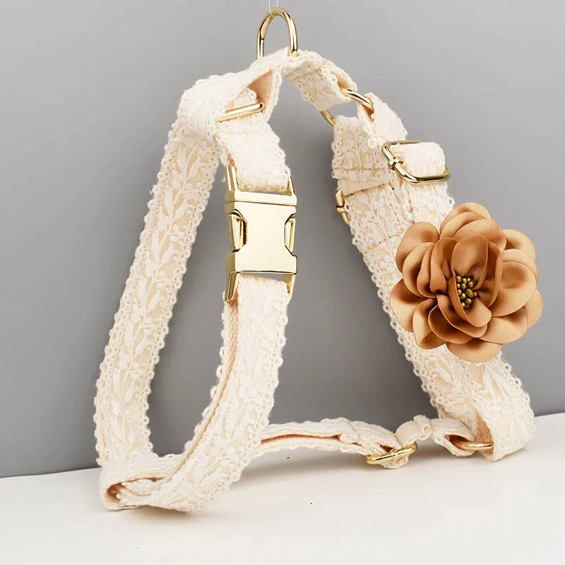 Personalized Dog Collar Custom Engraved Lace Dog Harness Name Collar for Small Medium Dogs Harness with Leash Lead Collar Flower