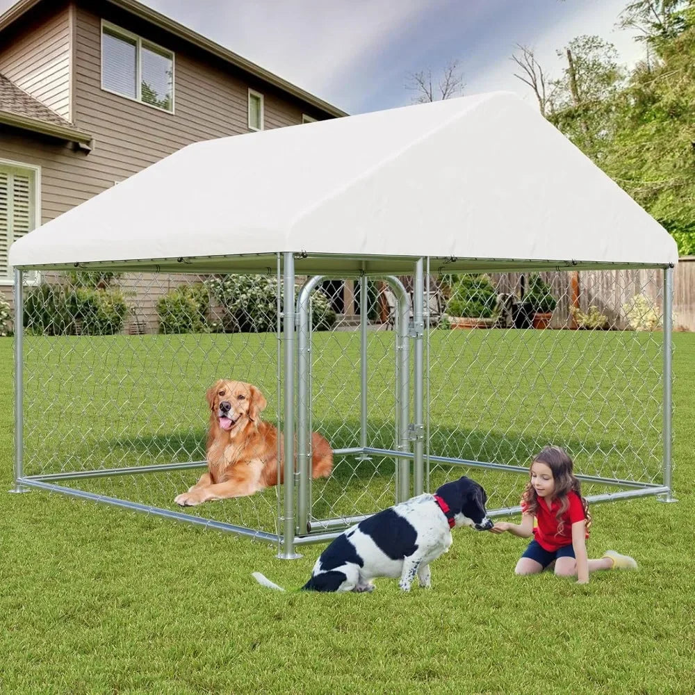 Outdoor Large Dog Kennel 6.6 x 6.6 FT, Heavy Duty Dog Enclosure with UV & Rain-Proof Fully Covered Roof, Double Security Locks