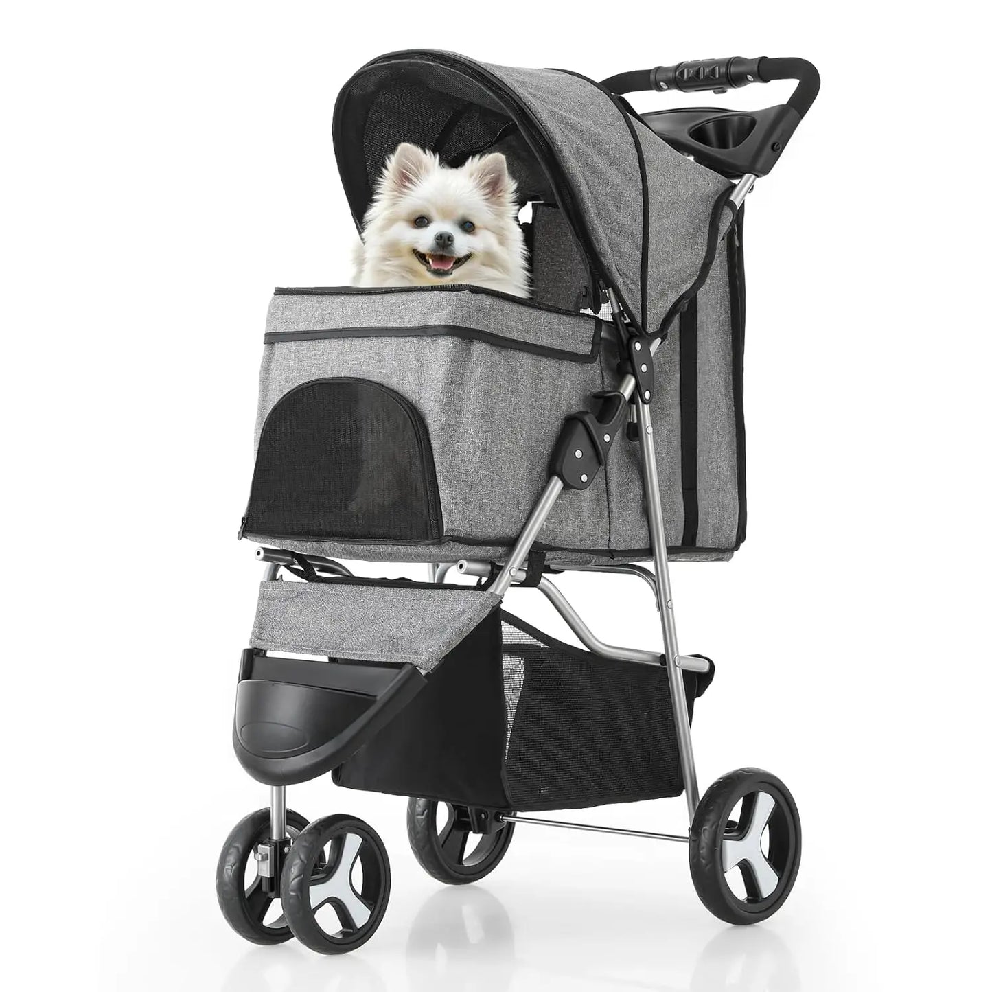 3 Wheels Pet Dog Cat Stroller for Small Medium Dogs Cats, Lightweight Foldable Jogger Stroller w/Storage Basket & Cup Holder,