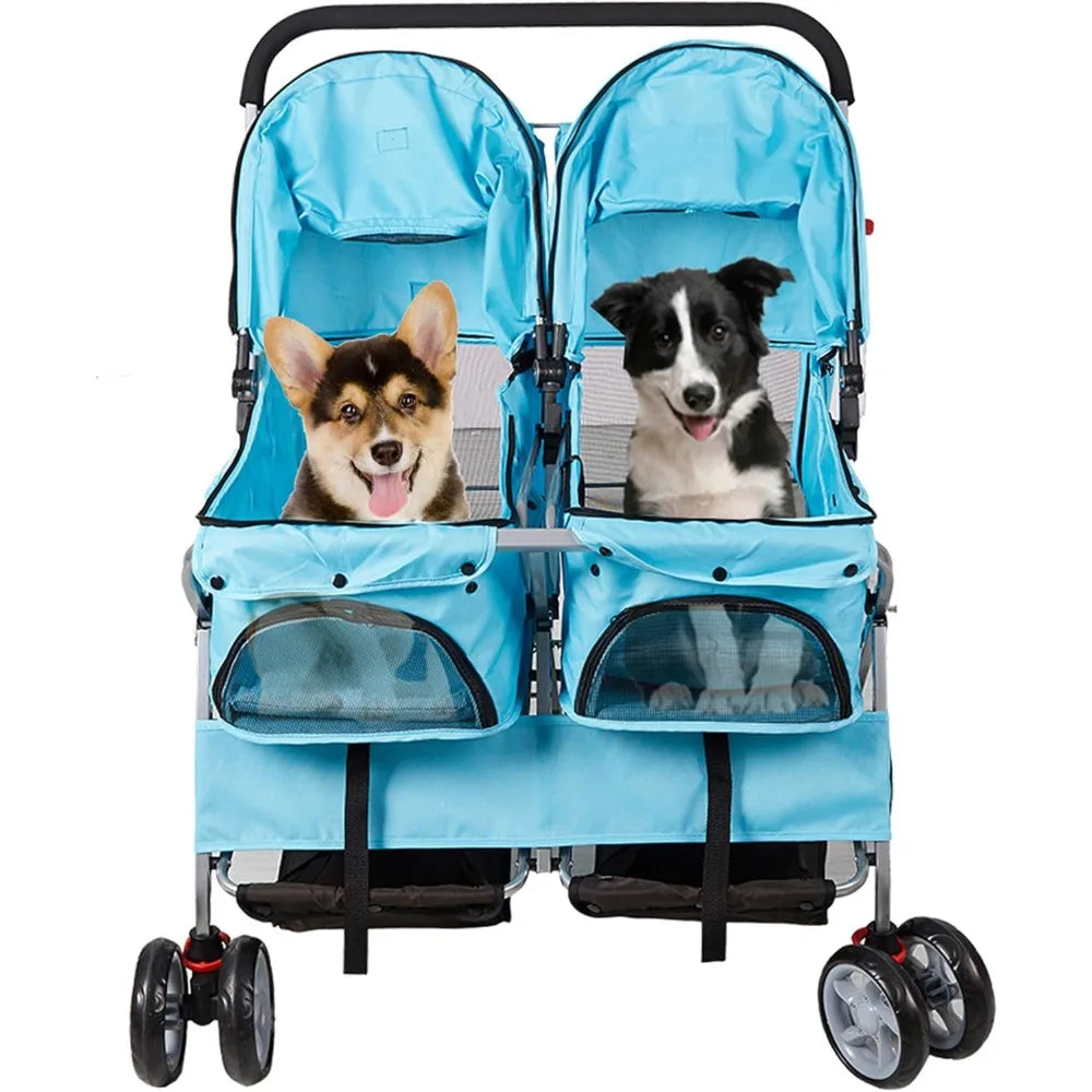 Pet Stroller Twin Folding Dog Cat Carrier Travel Cart, Multiple Colors Blue