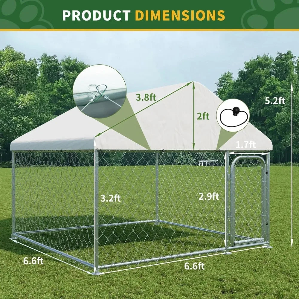 Outdoor Large Dog Kennel 6.6 x 6.6 FT, Heavy Duty Dog Enclosure with UV & Rain-Proof Fully Covered Roof, Double Security Locks