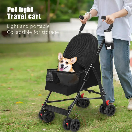 4 Wheels Pet Stroller, Pet Stroller for Medium Small Dogs, Foldable Puppy Cage Jogger Stroller with Sun Cover, Pad and Rear Stor