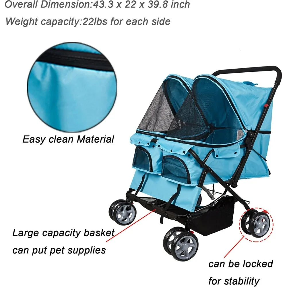Pet Stroller Twin Folding Dog Cat Carrier Travel Cart, Multiple Colors Blue
