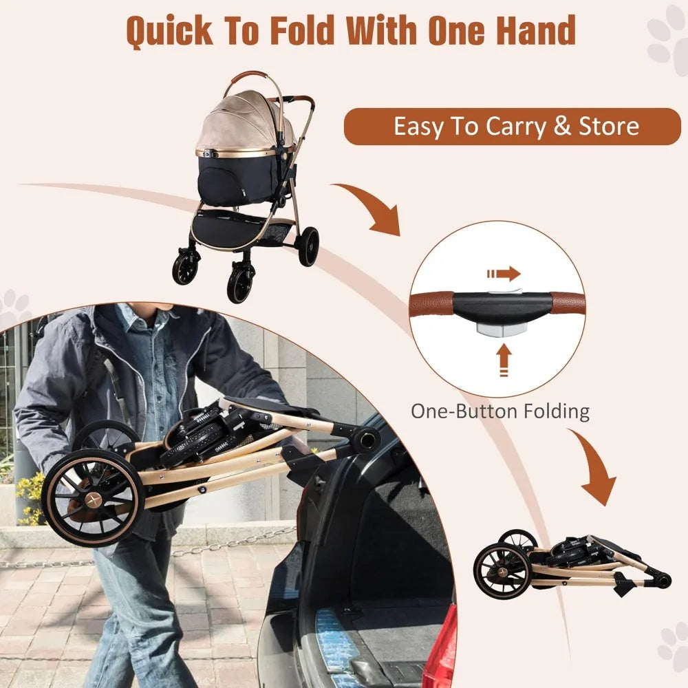 3 in 1 Multifunction Pet Stroller for Small Medium Dogs Cats, No-Zip Dog Stroller with Detachable Carrier & Cup Holder, One-Hand