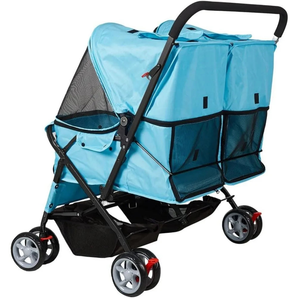 Pet Stroller Twin Folding Dog Cat Carrier Travel Cart, Multiple Colors Blue