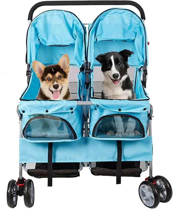 Pet Stroller Twin Folding Dog Cat Carrier Travel Cart, Multiple Colors Blue