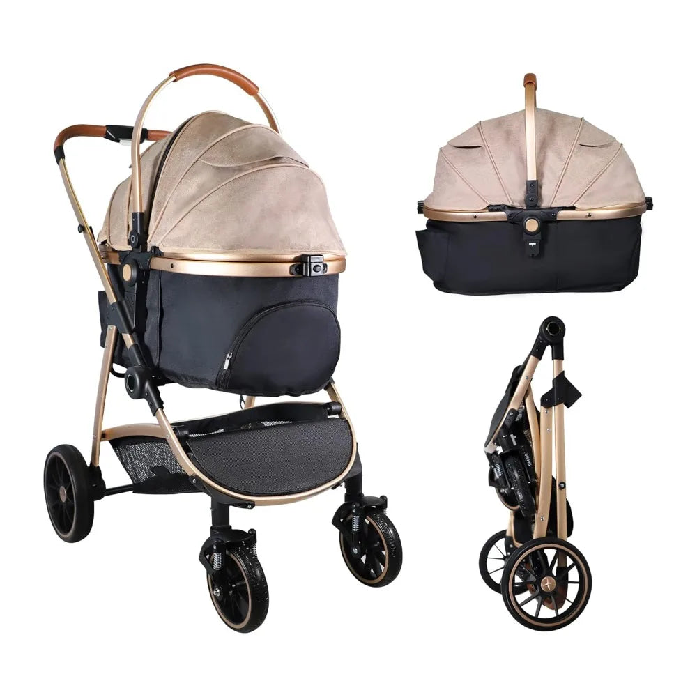 3 in 1 Multifunction Pet Stroller for Small Medium Dogs Cats, No-Zip Dog Stroller with Detachable Carrier & Cup Holder, One-Hand
