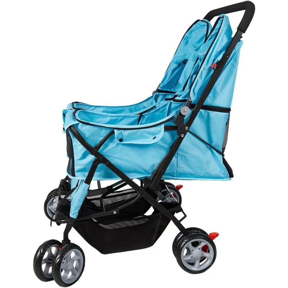 Pet Stroller Twin Folding Dog Cat Carrier Travel Cart, Multiple Colors Blue