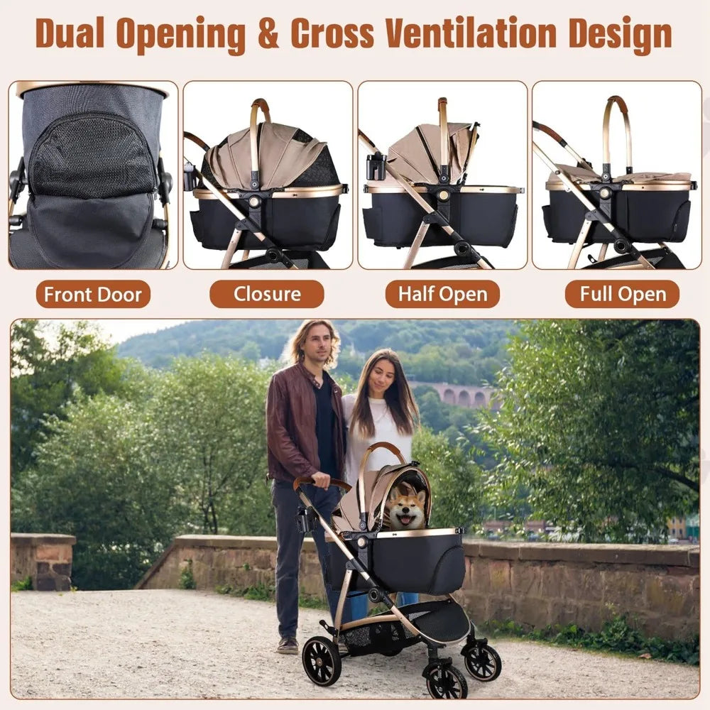 3 in 1 Multifunction Pet Stroller for Small Medium Dogs Cats, No-Zip Dog Stroller with Detachable Carrier & Cup Holder, One-Hand