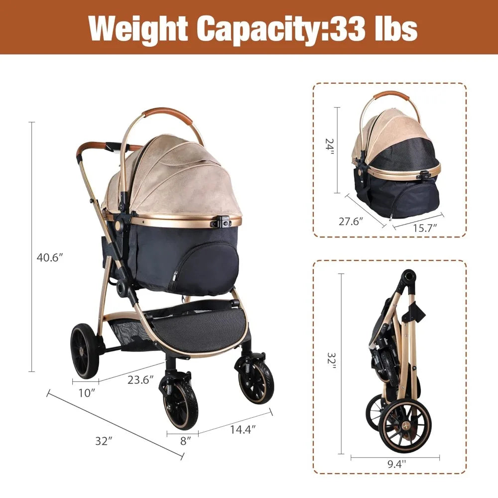 3 in 1 Multifunction Pet Stroller for Small Medium Dogs Cats, No-Zip Dog Stroller with Detachable Carrier & Cup Holder, One-Hand