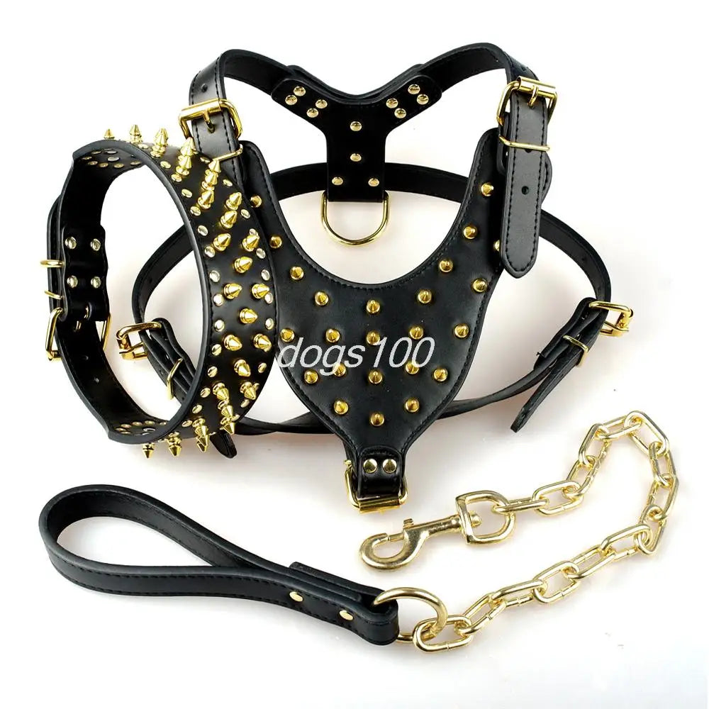 Large Dog Pet Pitbull Gold Spikes Studded Leather Harness Collar Leash Set for Large Dogs