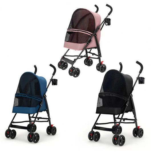 4 Wheels Pet Stroller, Pet Stroller for Medium Small Dogs, Foldable Puppy Cage Jogger Stroller with Sun Cover, Pad and Rear Stor