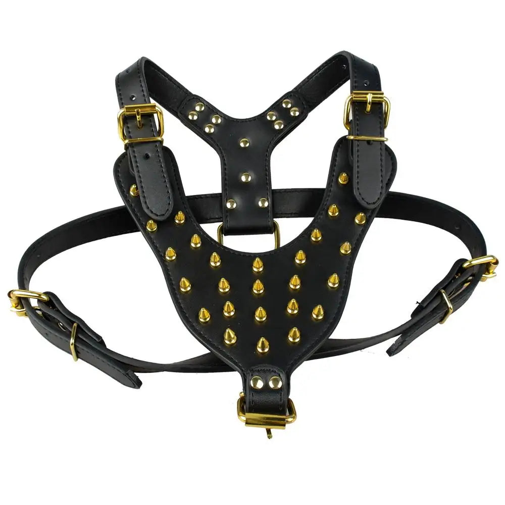 Large Dog Pet Pitbull Gold Spikes Studded Leather Harness Collar Leash Set for Large Dogs