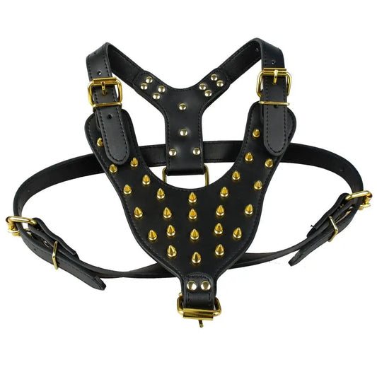 Large Dog Pet Pitbull Gold Spikes Studded Leather Harness Collar Leash Set for Large Dogs