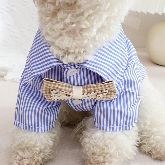 Dog Clothes Bowknot Striped Shirts Thin Summer Blue Black Fashion Chihuahua Stripe Shirt For Small Dogs Clothing