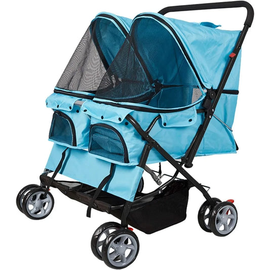 Pet Stroller Twin Folding Dog Cat Carrier Travel Cart, Multiple Colors Blue